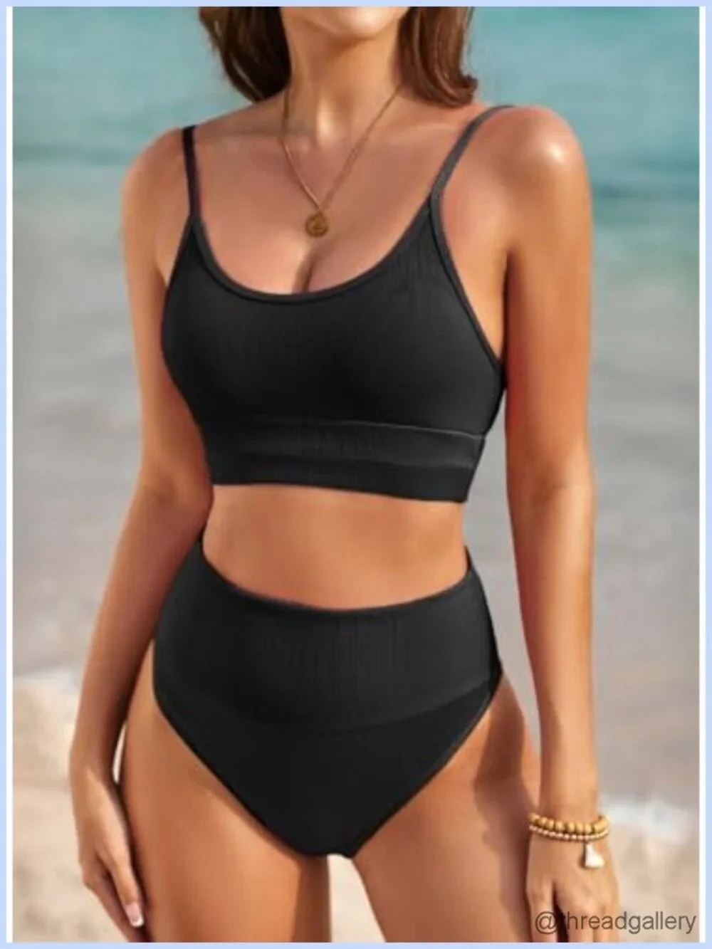 High Waisted Color Block Bikini Set Women Swimwear Ribbed 2 Piece